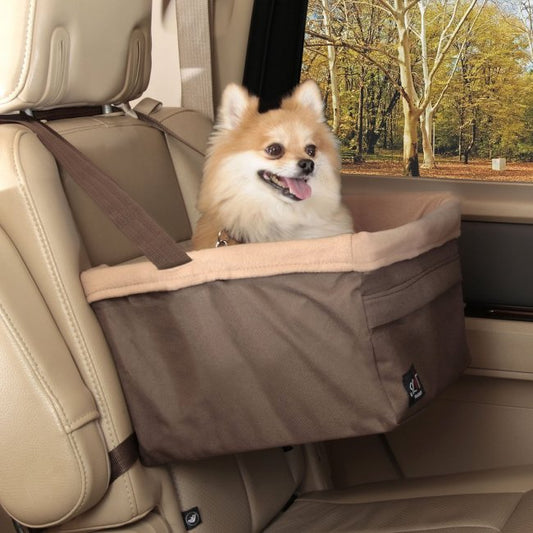 PetSafe medium pet booster seat installed in car with small dog sitting inside safely
