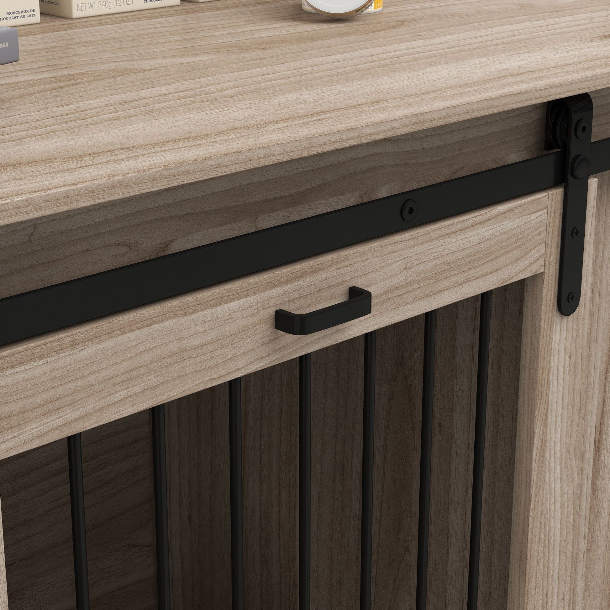 Modern dog kennel furniture with light wood finish and black metal accents by PawCounter.com