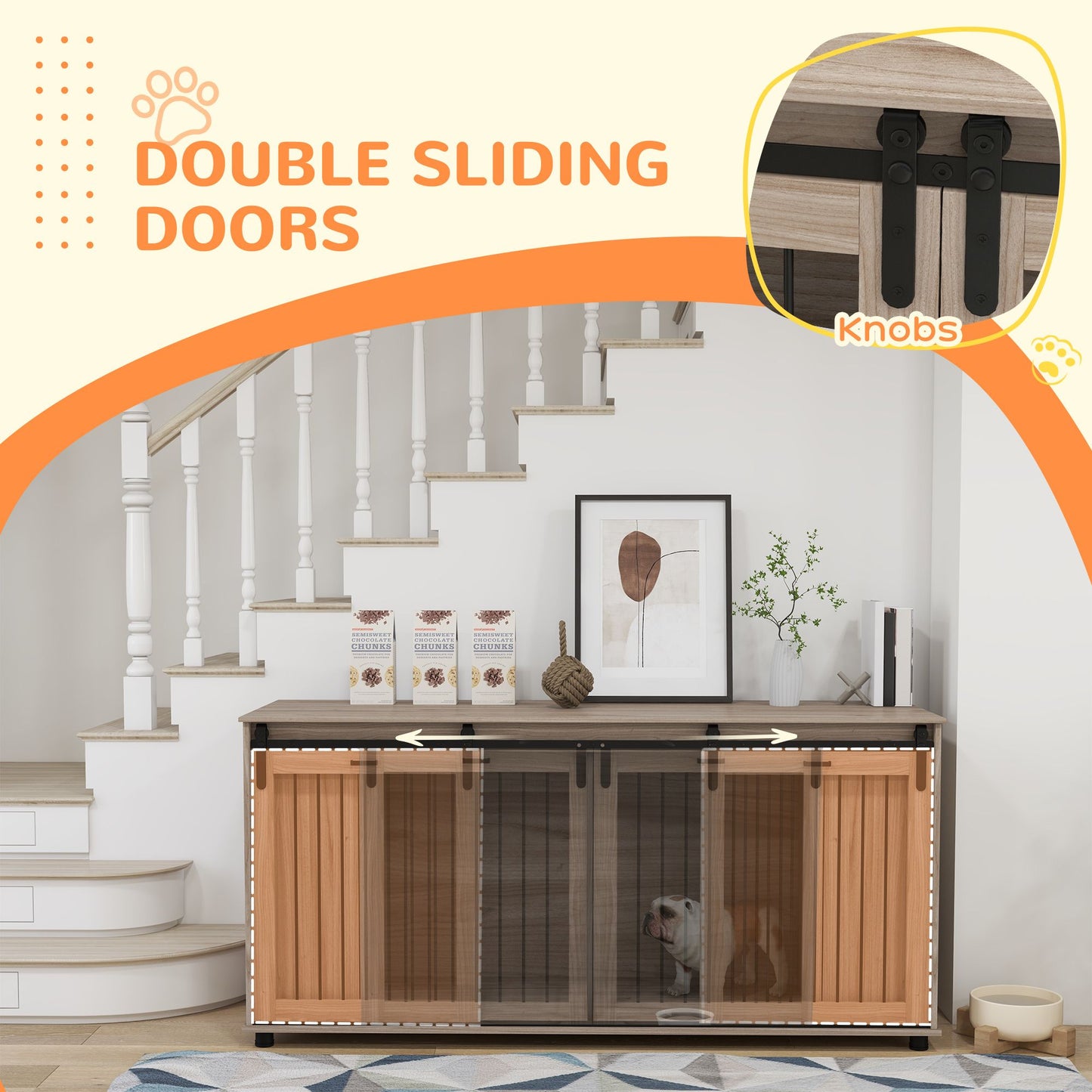 Modern dog kennel furniture with double sliding doors and wooden finish placed under white staircase