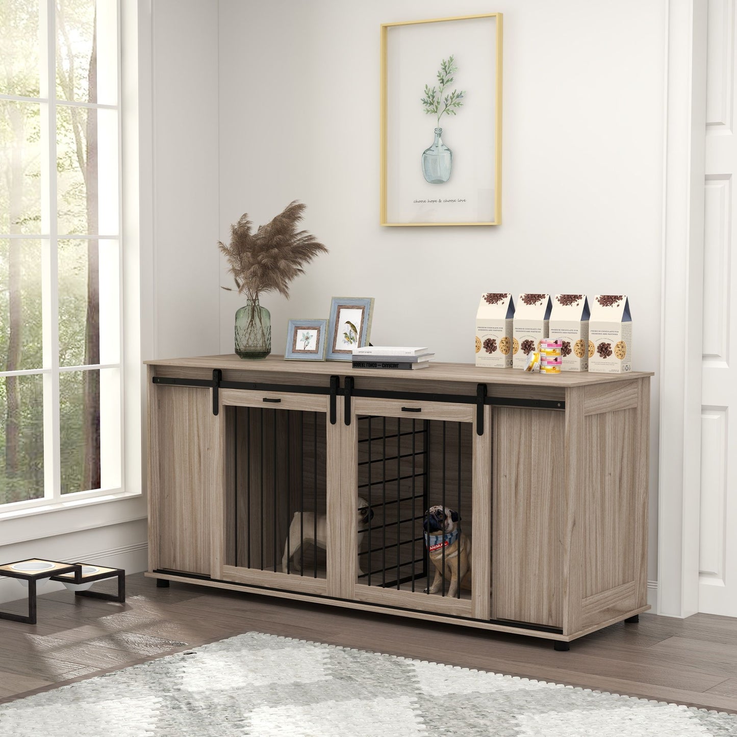 Modern dog kennel furniture with sliding doors and wood finish holding two small dogs inside