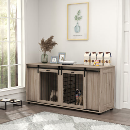 Modern dog kennel furniture with sliding doors and wood finish holding two small dogs inside