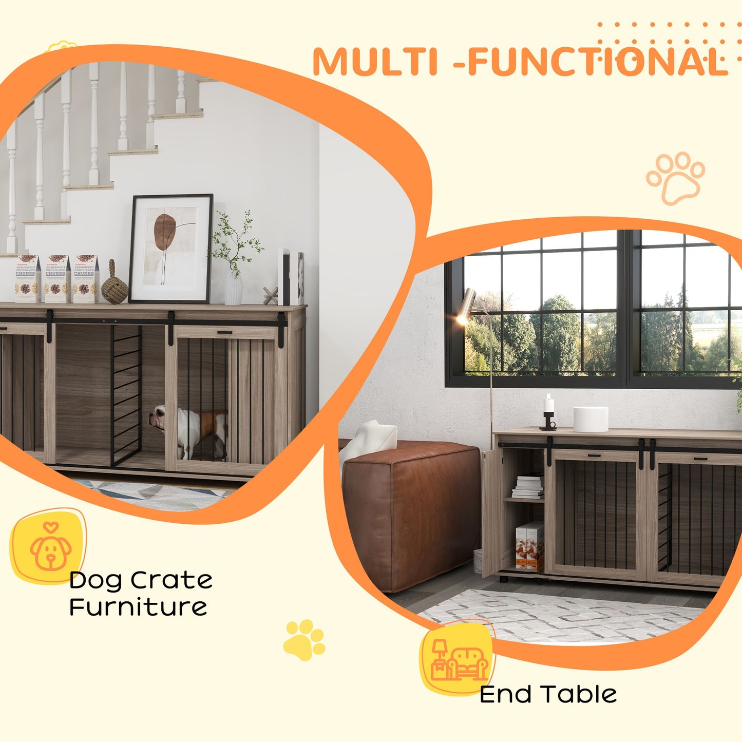 Modern dog kennel furniture serving as a dog crate and stylish end table in a living room