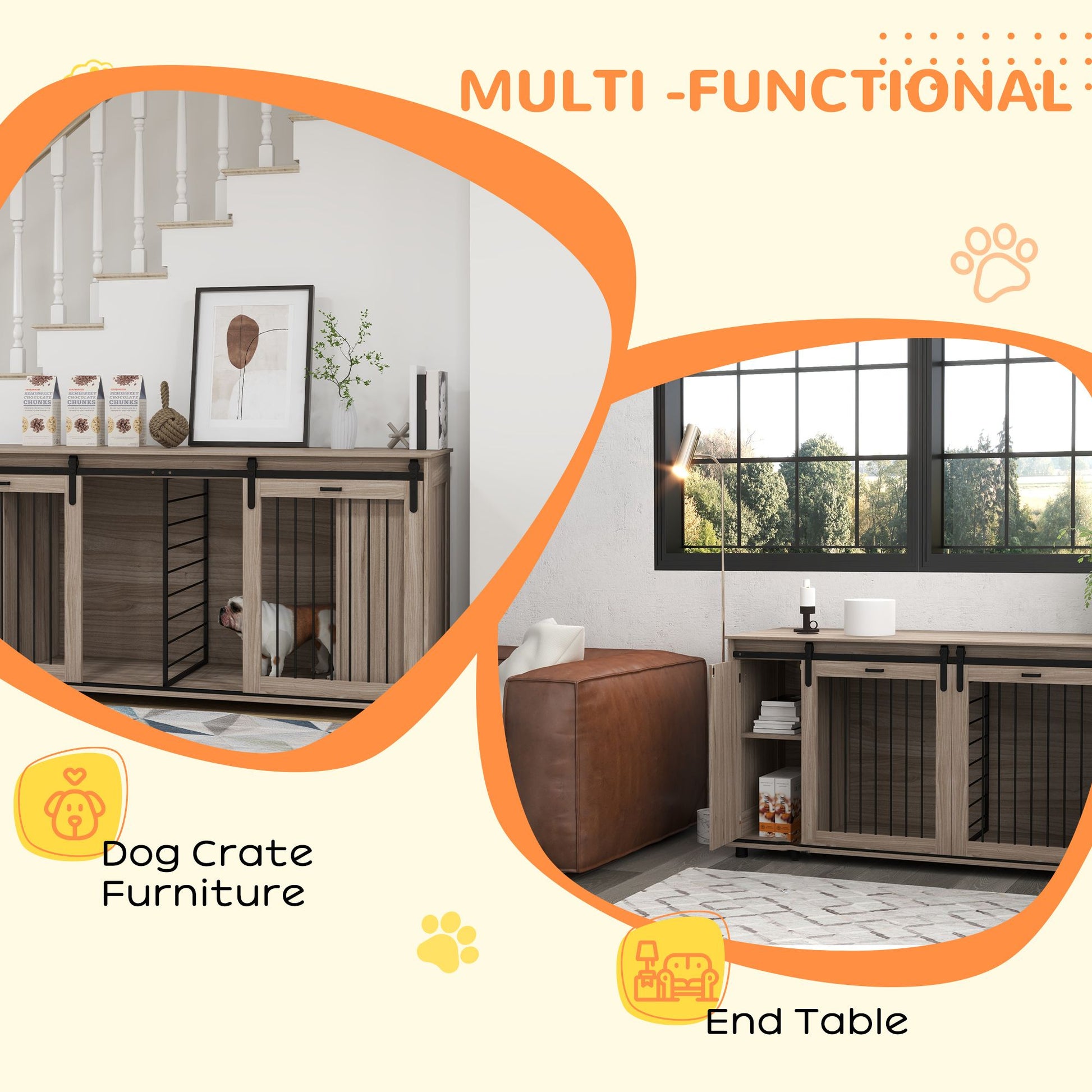 Modern dog kennel furniture serving as a dog crate and stylish end table in a living room