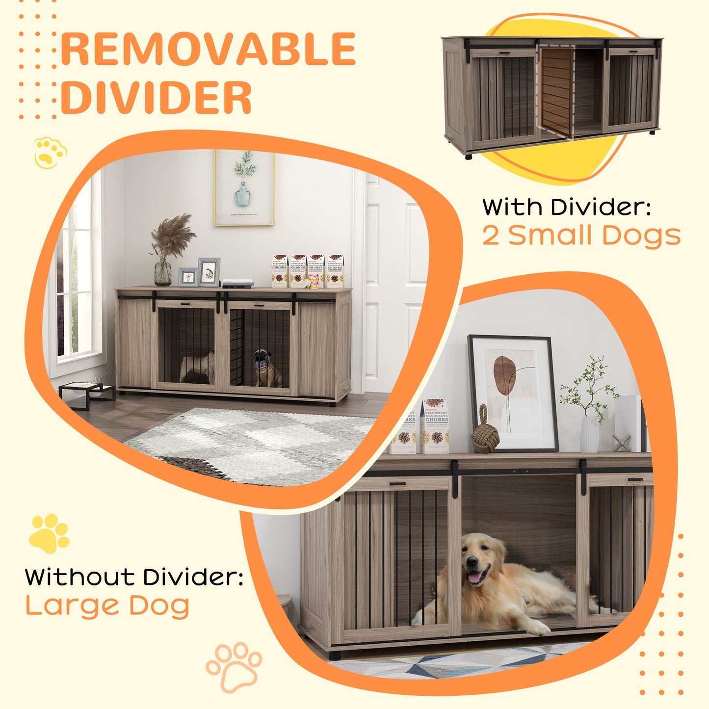 Modern dog kennel furniture with removable divider for large dog or two small dogs in stylish living room