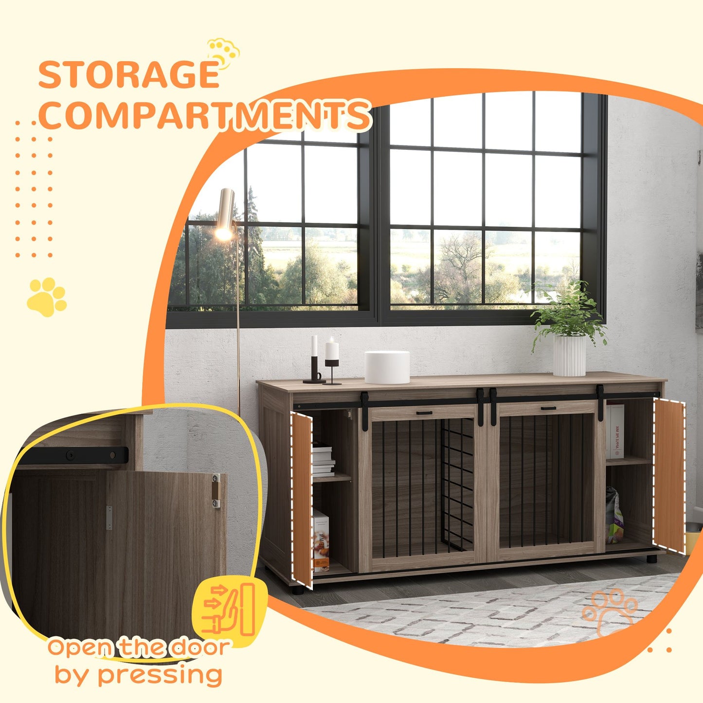 Modern dog kennel furniture with storage compartments and sliding doors in a living room