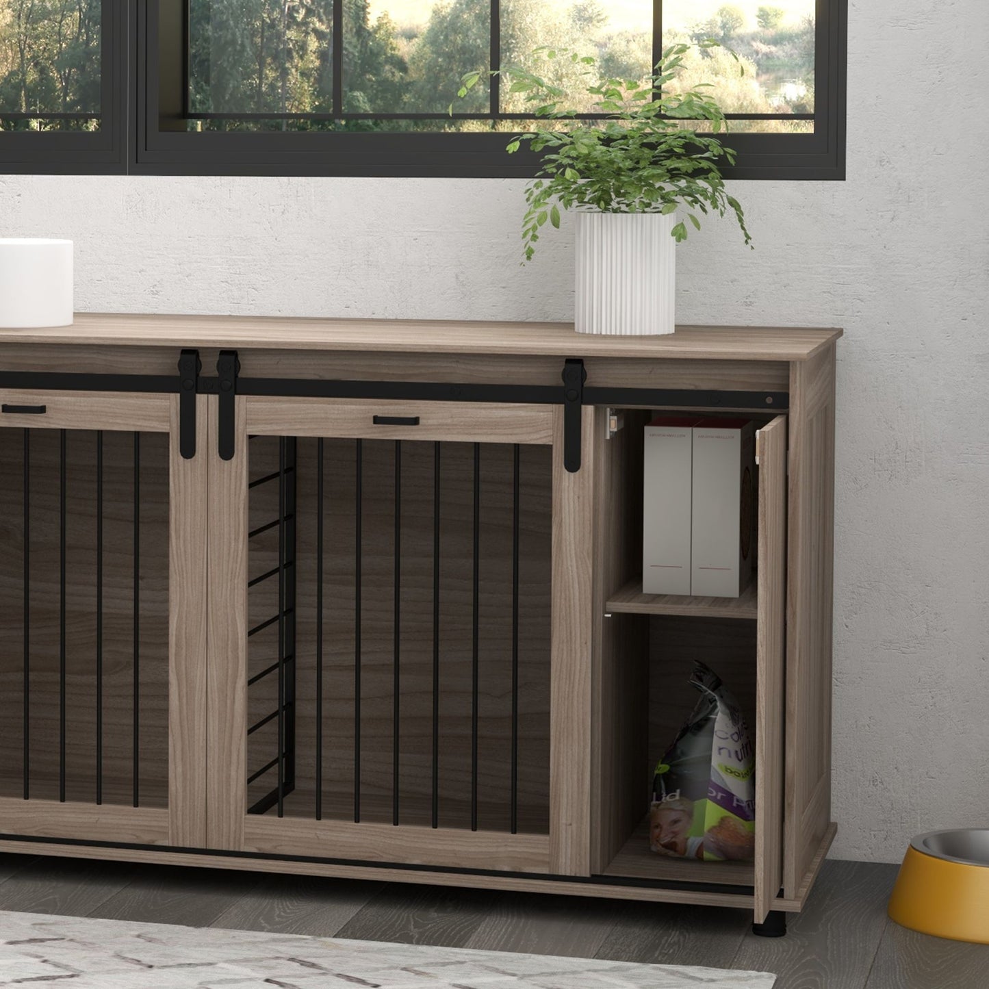 Modern dog kennel furniture by PawCounter.com with wood finish and black metal bars in a bright room