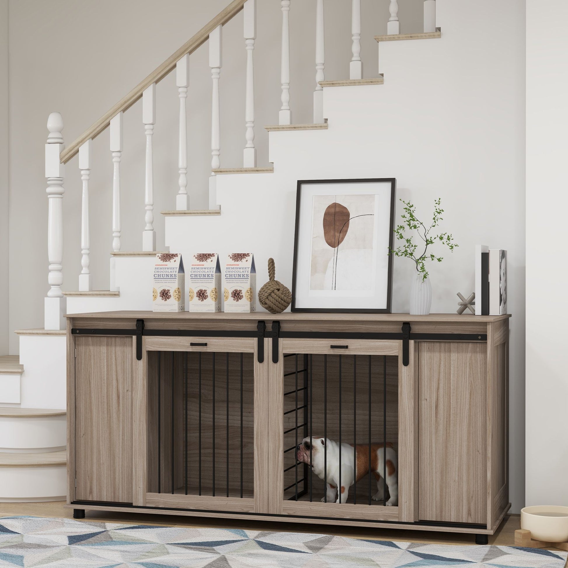 Modern dog kennel furniture with sliding doors and wood finish placed under staircase with dog inside