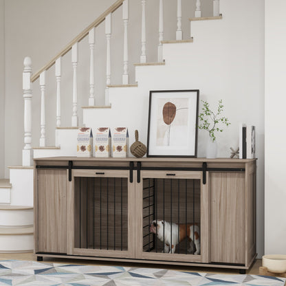Modern dog kennel furniture with sliding doors and wood finish placed under staircase with dog inside