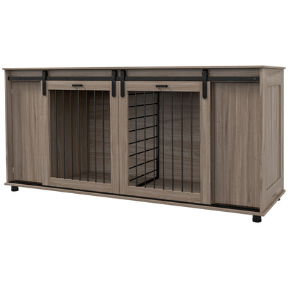 Modern dog kennel furniture with wood finish and black metal bars from PawCounter.com