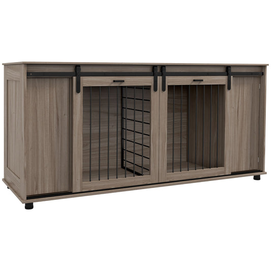 Modern dog kennel furniture with sliding metal bars and wood finish by PawCounter.com