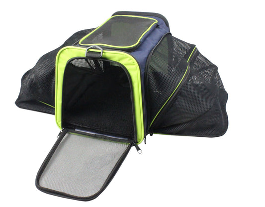 Airline approved pet carrier with mesh sides and front door for ventilation and easy access