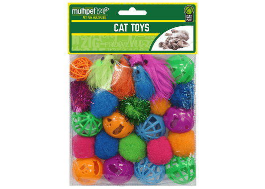 The Family Pet cat toy value pack with colorful balls and furry mice for interactive cat play