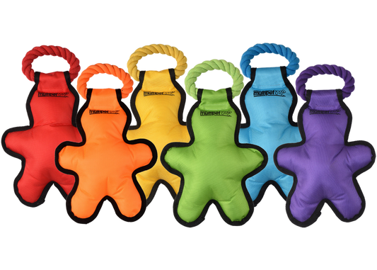 Multipet Cross-Ropes Tug o Man dog toys in red orange yellow green blue and purple with rope handles