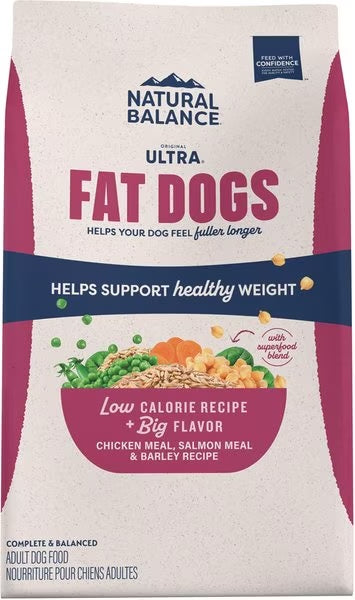 Natural Balance dry dog food for overweight dogs in a pink bag promoting healthy weight support with a low-calorie recipe
