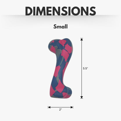 Small natural rubber dog chew toy in blue and pink with dimensions 5.5 inches by 2 inches