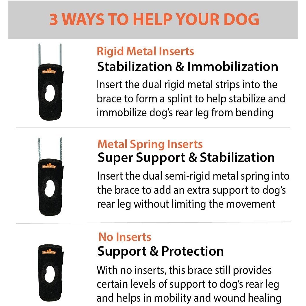NeoAlly 3-in-1 Short Rear Leg Hock Brace for Smaller Dogs with Rigid and Spring Inserts | Safety Reflective Straps [Short Version] (Pair)