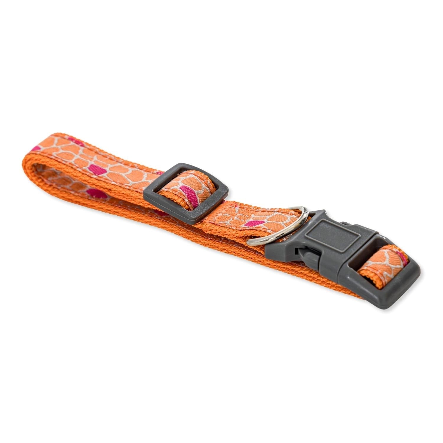 American Pet Supplies nylon dog collar with giraffe print in orange with black buckle and metal D-ring