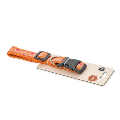 American Pet Supplies nylon dog collar with giraffe print in orange with black buckle on packaging
