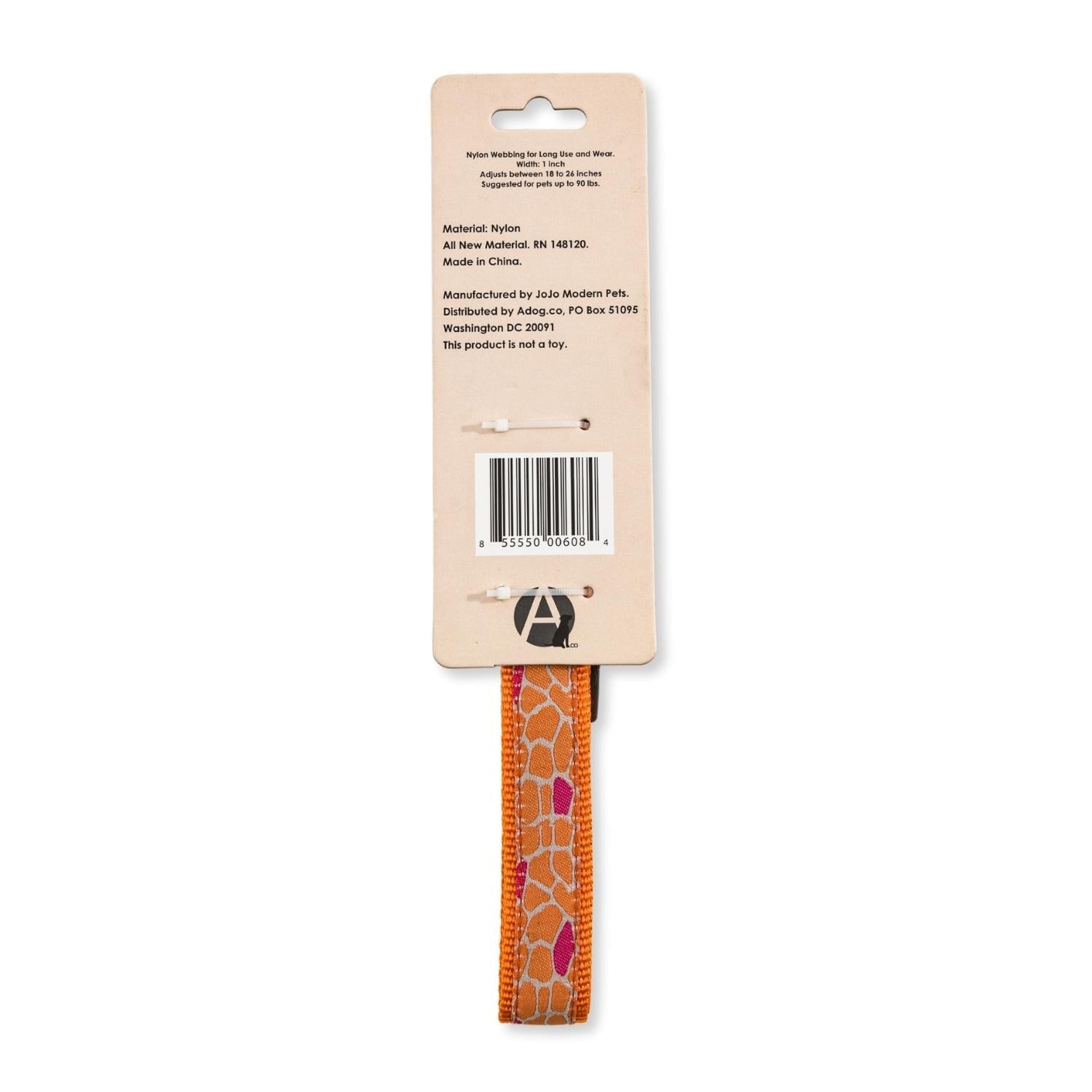 American Pet Supplies nylon dog collar with giraffe print in orange with pink accents on packaging