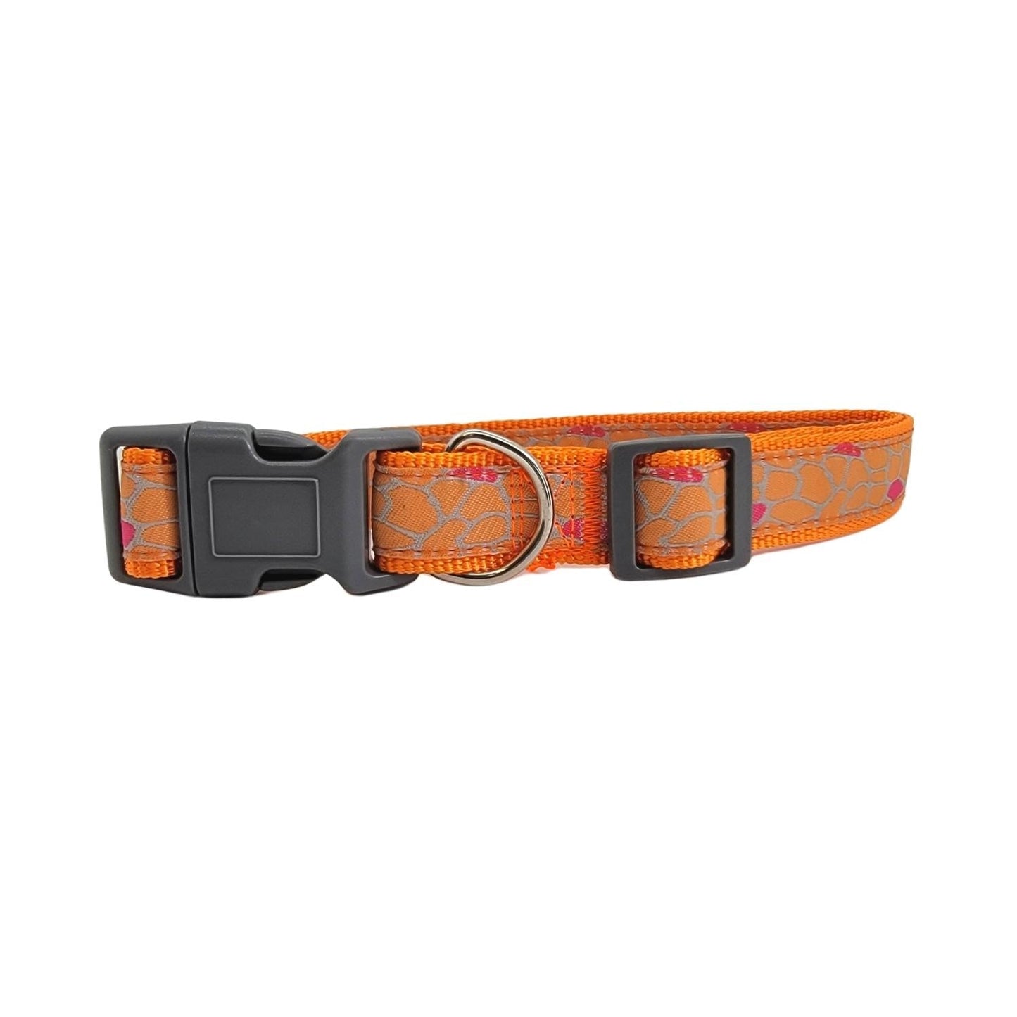 American Pet Supplies nylon dog collar with giraffe print in orange featuring black buckle and metal ring
