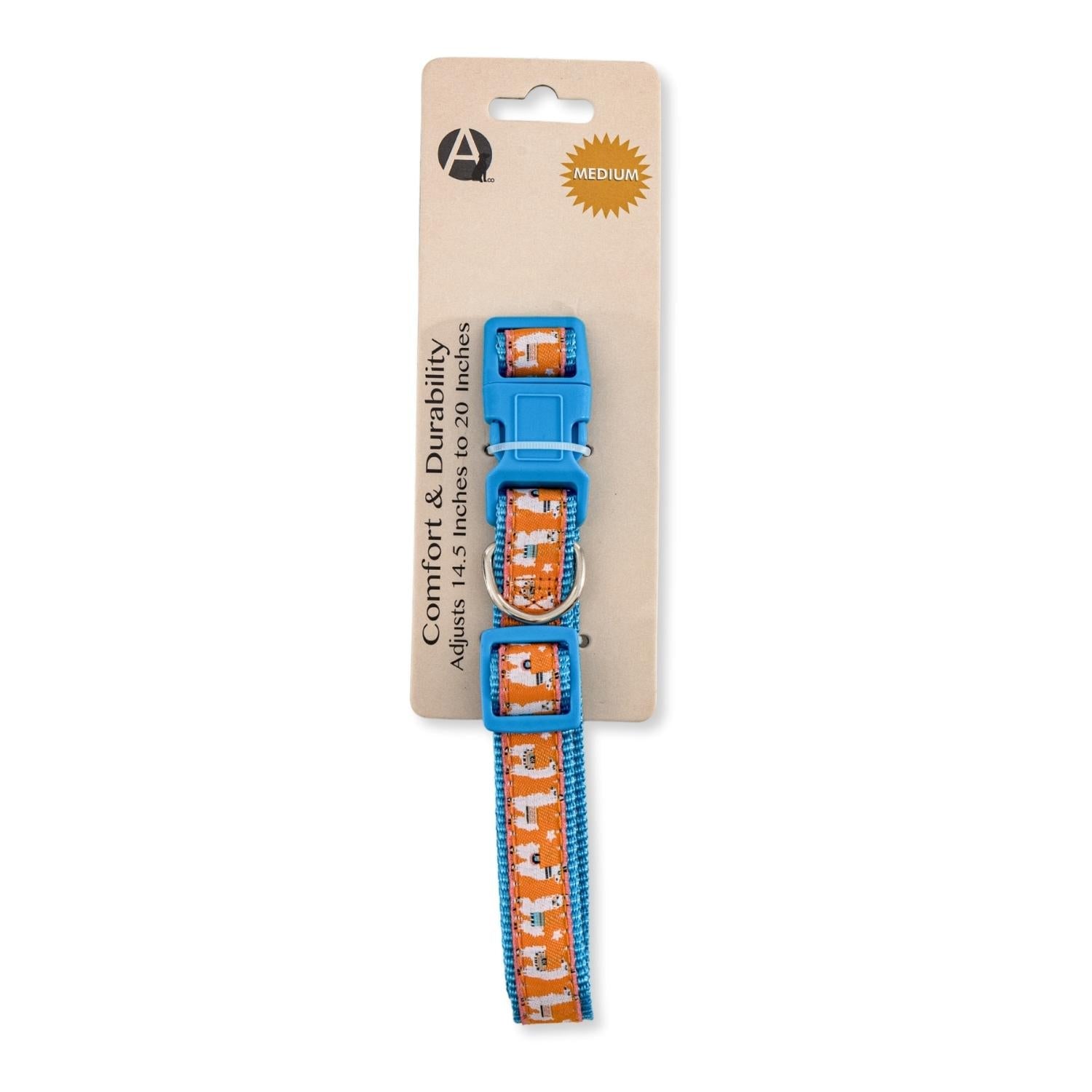 American Pet Supplies medium nylon dog collar with llama design in orange and blue