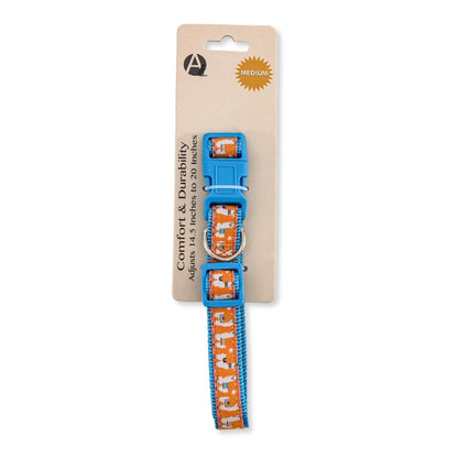 American Pet Supplies medium nylon dog collar with llama design in orange and blue