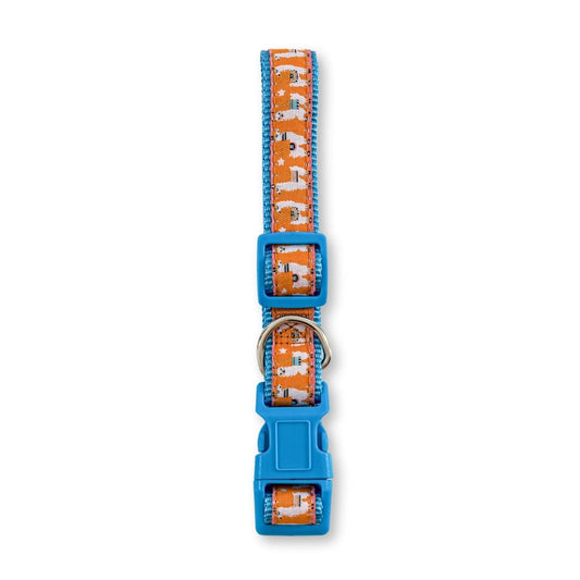 American Pet Supplies nylon dog collar with llama design in orange and blue adjustable buckle