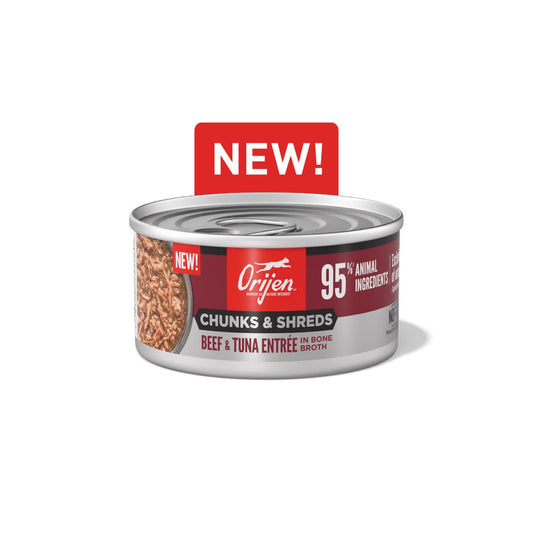 Orijen Beef and Tuna grain free wet cat food chunks and shreds in bone broth