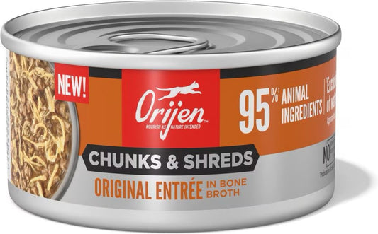 Orijen grain free wet cat food chunks and shreds original entree in bone broth can