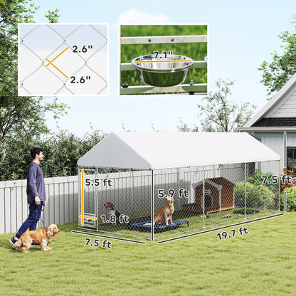 Large outdoor dog kennel with cover from PawCounter.com featuring metal frame and secure chain-link fencing