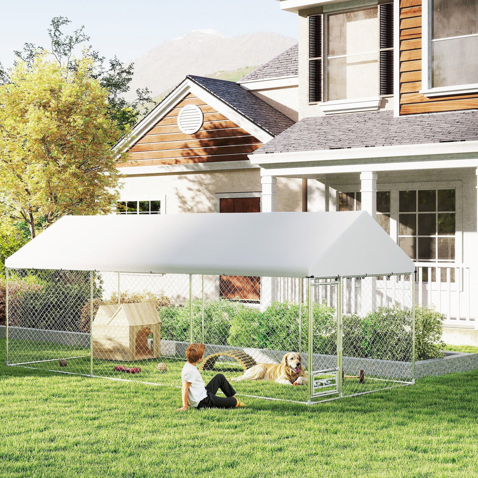 Outdoor dog kennel with cover and metal frame in backyard with child and dog inside