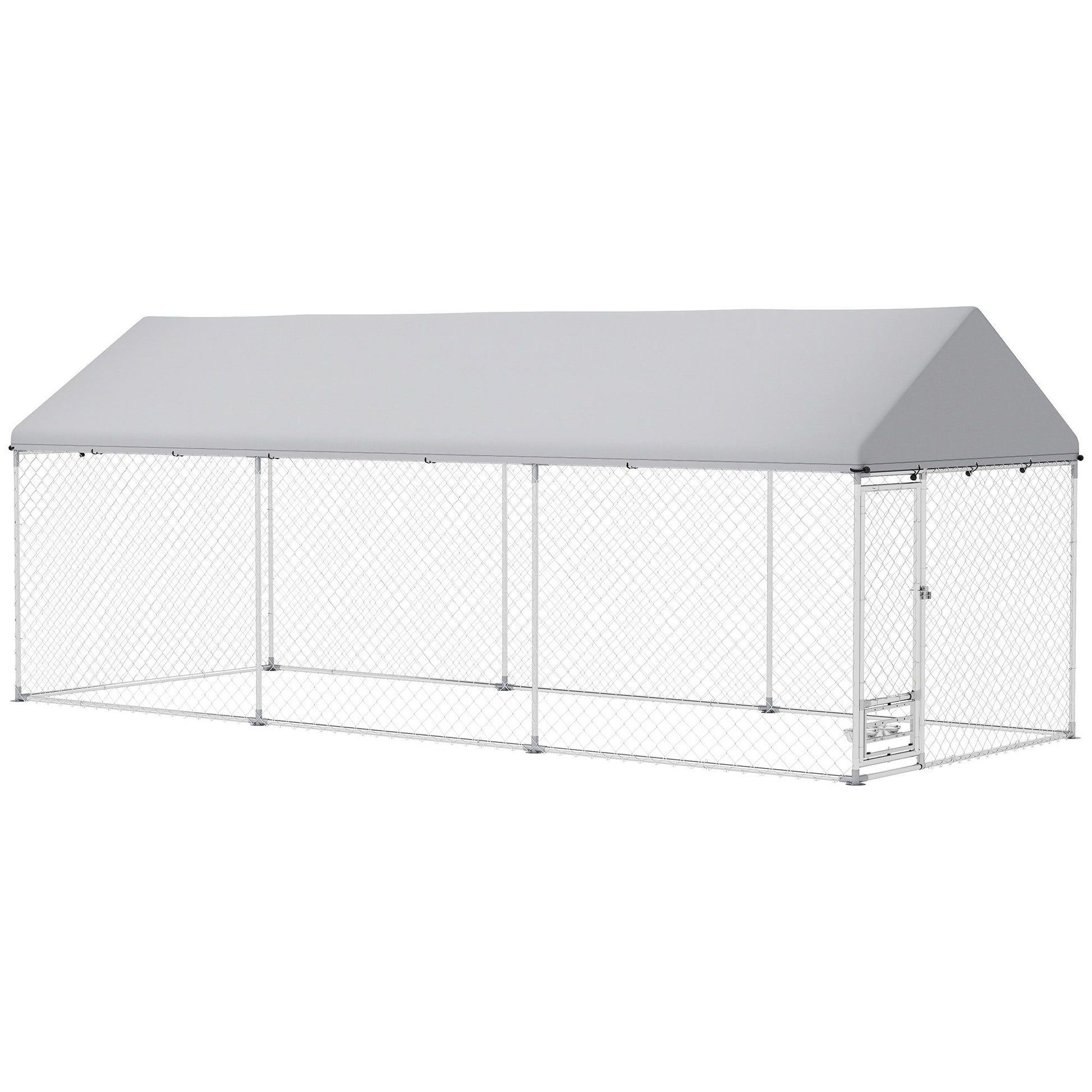 Large outdoor dog kennel with cover featuring metal frame and chain link fencing for secure pet containment