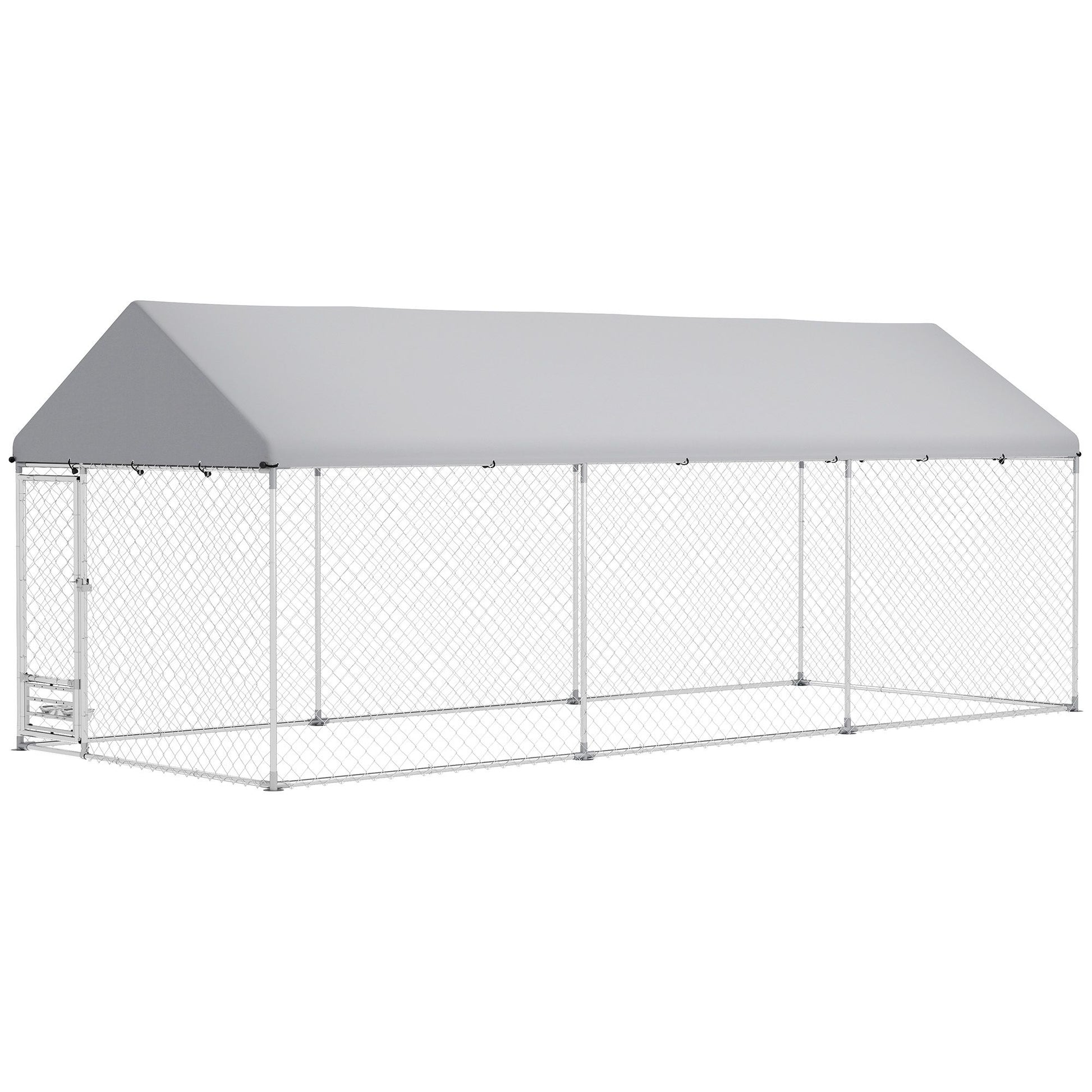 Large outdoor dog kennel with cover made of metal frame and gray waterproof roof