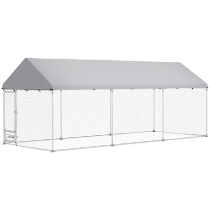Large outdoor dog kennel with cover made of metal frame and gray waterproof roof
