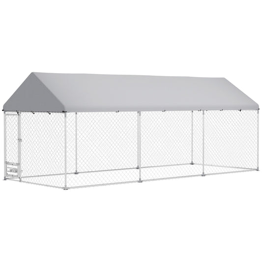 Large outdoor dog kennel with cover made of metal frame and gray waterproof roof