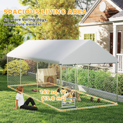 Outdoor dog kennel with cover and spacious 149 sq ft area featuring a white canopy and chain-link fence