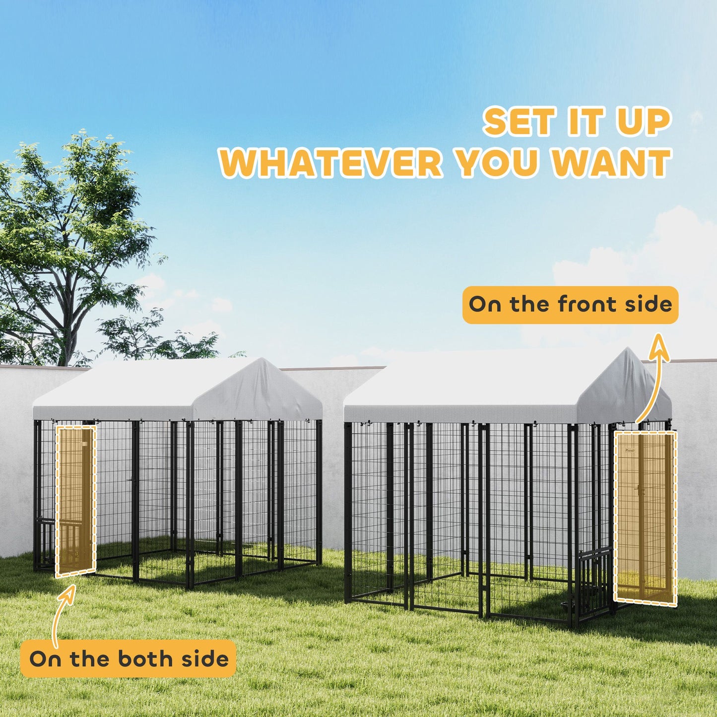 Two outdoor dog kennels with roof, customizable setup for versatile use in any yard