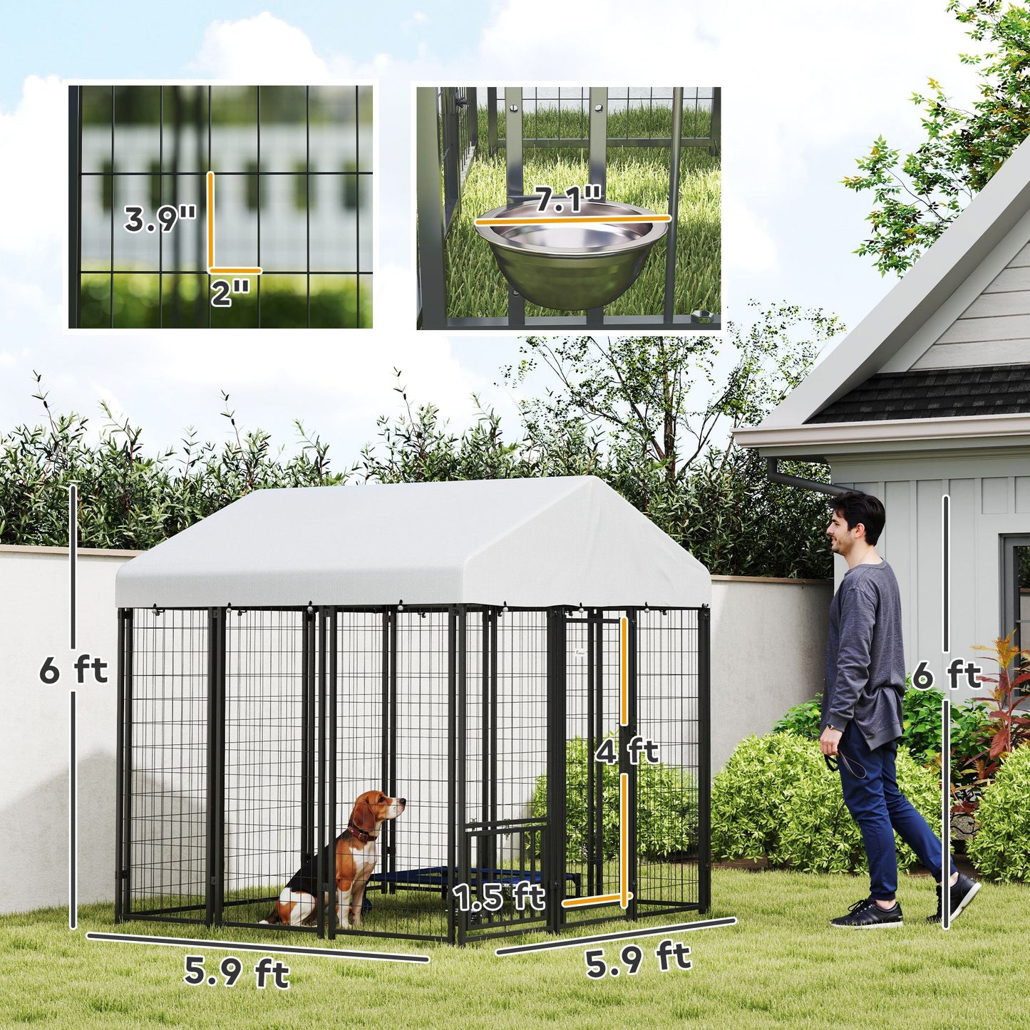 Spacious outdoor dog kennel with roof, featuring durable metal construction and ample space for pets