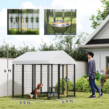 Spacious outdoor dog kennel with roof, featuring durable metal construction and ample space for pets