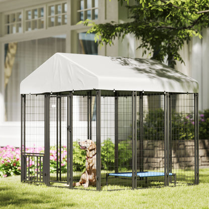 Spacious outdoor dog kennel with roof, ideal for providing shelter and comfort for pets outdoors