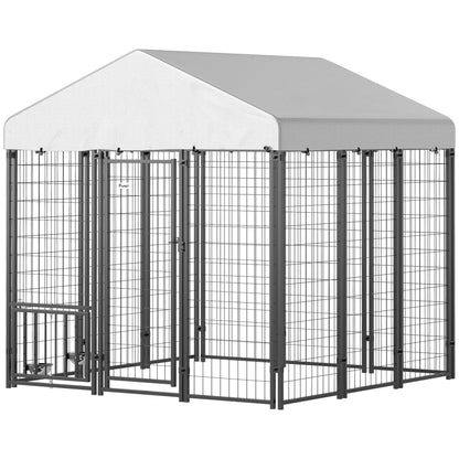 Spacious outdoor dog kennel with roof providing shelter and security for pets in any weather