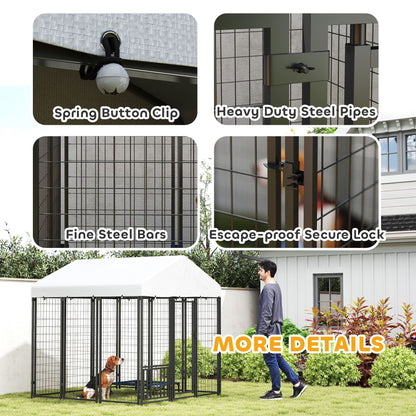 Outdoor dog kennel with roof featuring heavy duty steel pipes and secure locking system for safety