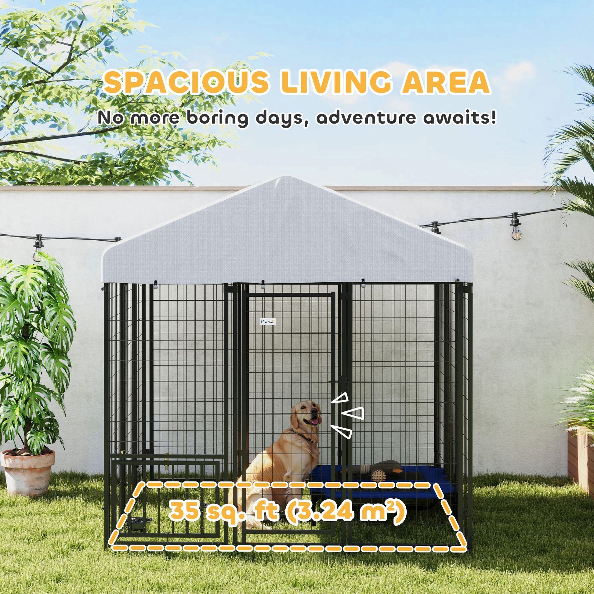 Spacious outdoor dog kennel with roof providing a safe area for pets to enjoy the outdoors