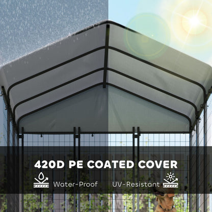 Outdoor dog kennel with roof featuring a waterproof and UV-resistant 420D PE coated cover