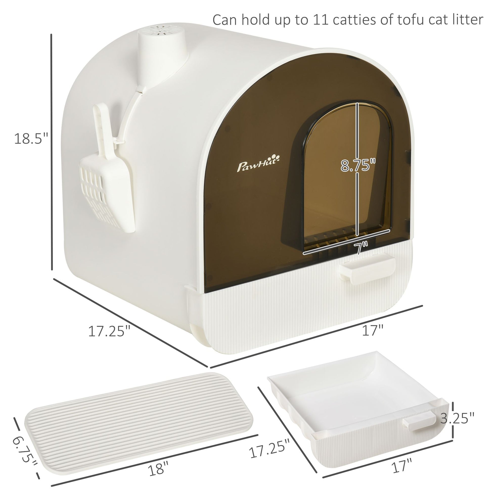 Covered cat litter box with lid in white and brown by PawCounter.com with scoop and dimensions