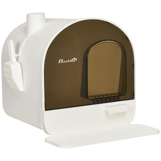 Covered cat litter box with lid in white and brown with attached scoop and flap door