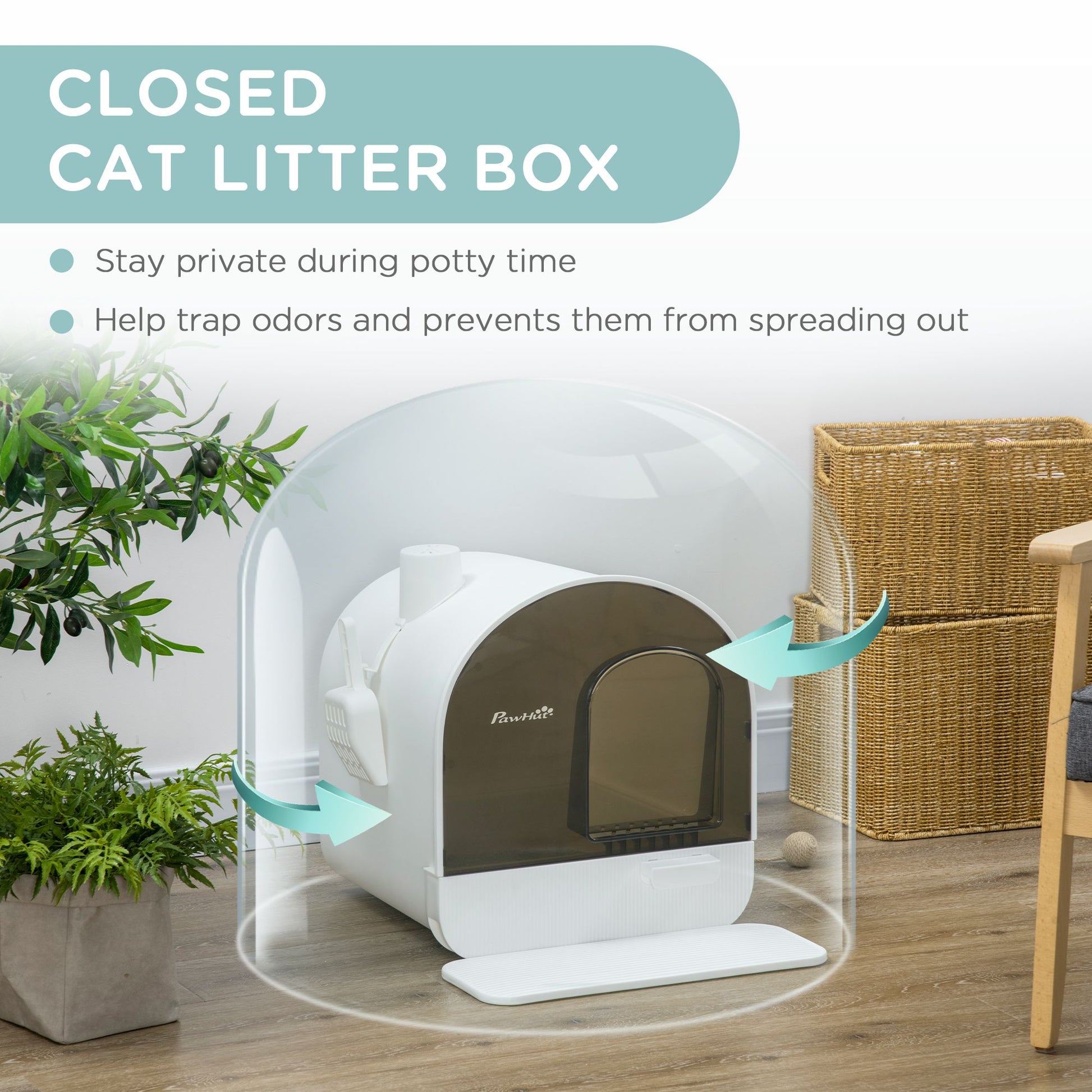 Covered cat litter box with lid in modern home setting for odor control and privacy