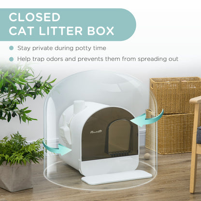 Covered cat litter box with lid in modern home setting for odor control and privacy