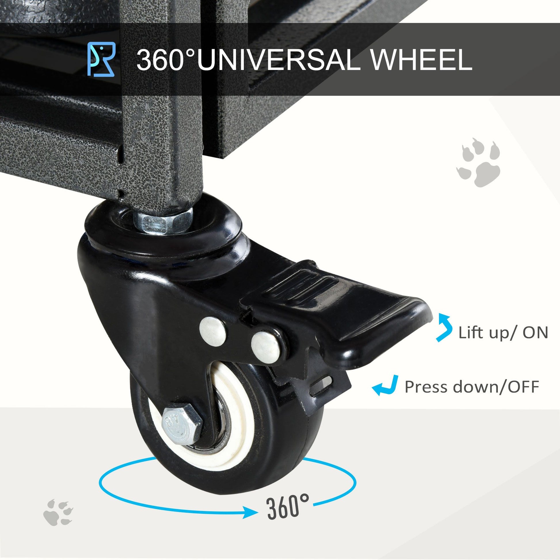 Close-up of 360-degree universal locking wheel on a heavy duty dog crate with wheels