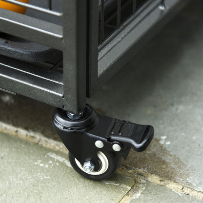 Close-up of a caster wheel on a heavy duty dog crate with wheels for easy mobility